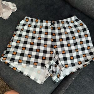 Women's Black & White Plaid Pajama Shorts with Orange Pumpkin Print